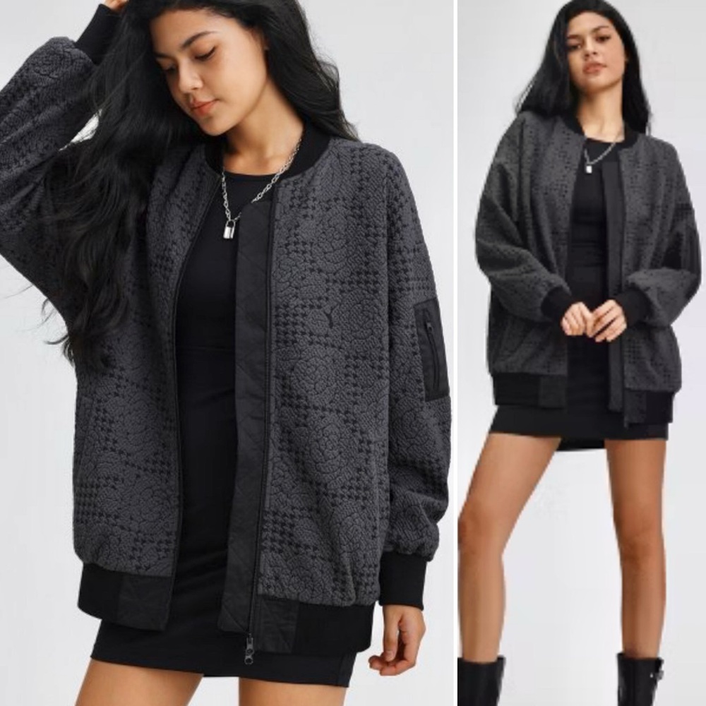 Rose Patterned Jacquard-Knit Bomber Jacket - Wild Fable
